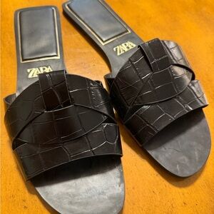 Zara Black Flat Croc-Embossed Crossed Leather Sandals